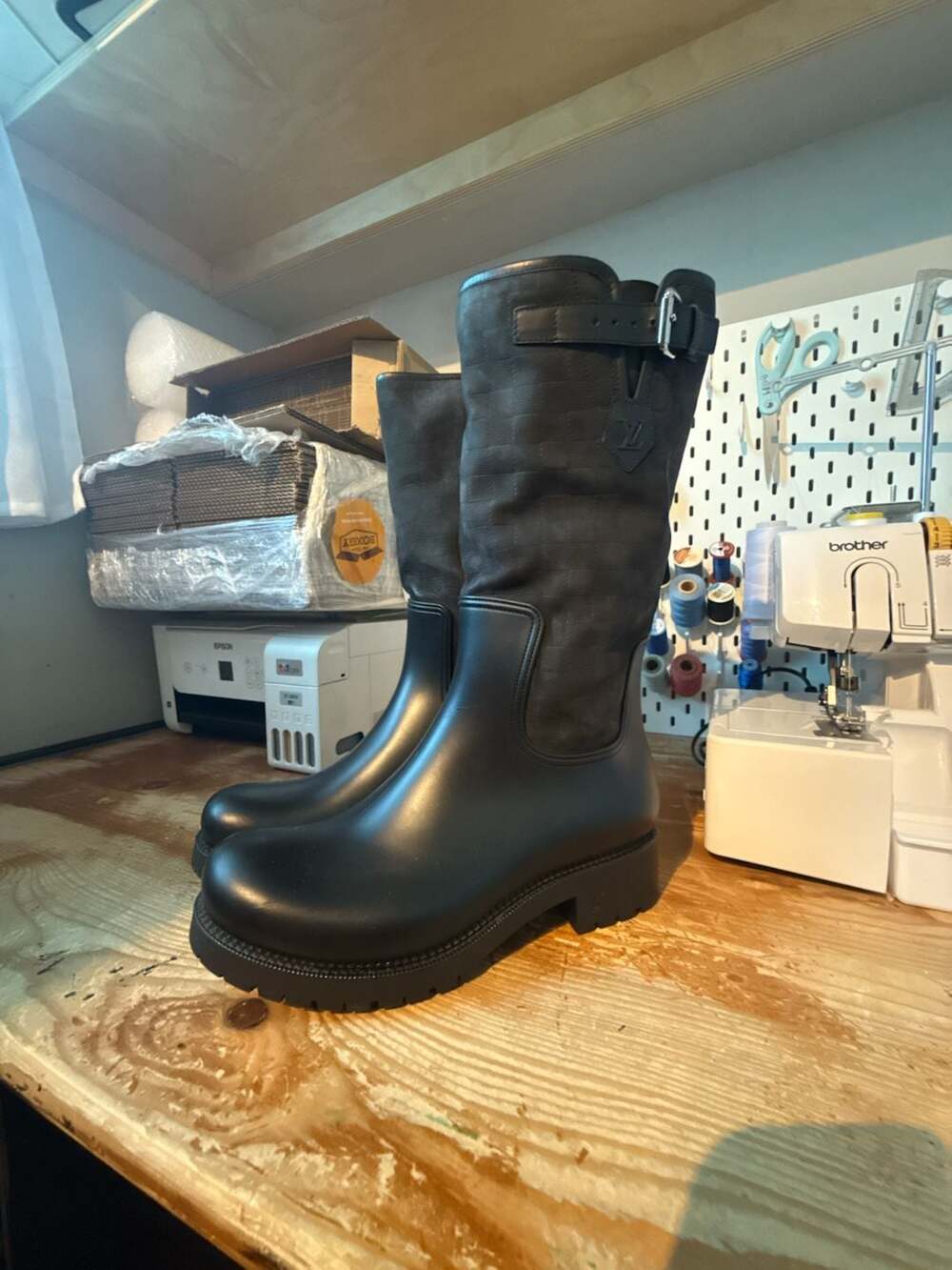 NO BOX Worn Twice Louis Vuitton Black Damier Pattern Rubber Rain Boots With Buck